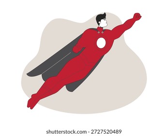 Flying hero with heroic, superhuman cartoon vector illustration.