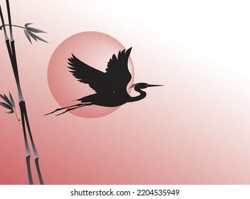 Un ave de garza voladora (cigüeña, grulla) y un bastón contra un cielo rojo y el sol al amanecer o al atardecer. Dibujo vectorial de silueta.