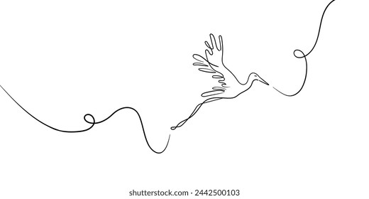 Flying heron continuous line art drawing isolated on white background. Bird minimal, black and white. Vector illustration