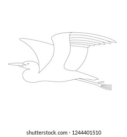 flying  heron ,vector illustration, profile view , lining draw
