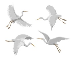 Flying Heron. White Crane Drawing, Japanese Stork Flight, Cranes Birds Symbols Isolated, Oriental Asian Egret Vector Graphics