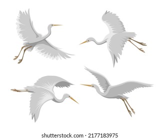 Flying heron. White crane drawing, japanese stork flight, cranes birds symbols isolated, oriental asian egret vector graphics