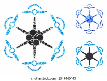 Flying hexacopter mosaic of small circles in different sizes and color tints, based on flying hexacopter icon. Vector filled circles are combined into blue mosaic.