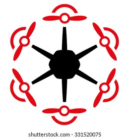 Flying Hexacopter vector icon. Style is bicolor flat symbol, intensive red and black colors, rounded angles, white background.