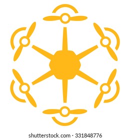 Flying Hexacopter vector icon. Style is flat symbol, yellow color, rounded angles, white background.