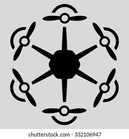 Flying Hexacopter vector icon. Style is flat symbol, black color, rounded angles, light gray background.