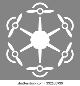 Flying Hexacopter vector icon. Style is flat symbol, white color, rounded angles, gray background.