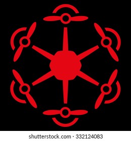 Flying Hexacopter vector icon. Style is flat symbol, red color, rounded angles, black background.