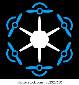 Flying Hexacopter vector icon. Style is bicolor flat symbol, blue and white colors, rounded angles, black background.