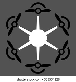 Flying Hexacopter vector icon. Style is bicolor flat symbol, black and white colors, rounded angles, gray background.
