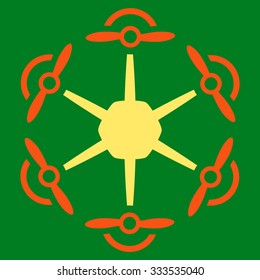 Flying Hexacopter vector icon. Style is bicolor flat symbol, orange and yellow colors, rounded angles, green background.