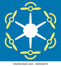 Flying Hexacopter vector icon. Style is bicolor flat symbol, yellow and white colors, rounded angles, blue background.