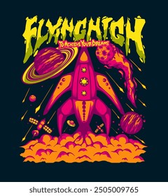 Flying High Space Rocket und Planet Thematisch Illustration Design für T-Shirt Druck, Poster Design, Streetwear, Tote Tasche, und andere