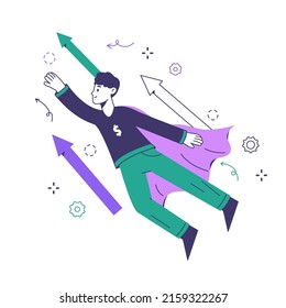 Flying high super businessman character, man reaching success and achieving goals. Business startup launch and leadership flat vector concept illustration. Business development concept
