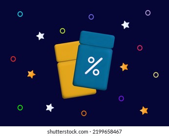 Flying holiday coupon or voucher 3d. Promotion banner, vector illustration, gift, big discount. Background of the universe, space with stars, coupons, vouchers, percent sign. Promotion advertising.