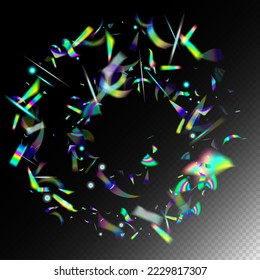 Flying Hologram Confetti. Gold Transparent Falling Particles. Blue, Purple, Green Celebration Background. Holo Glitch Effect Rainbow Bokeh. Rainbow Tinsel.  Gradient Overlay Vivid Foil Tinsel.