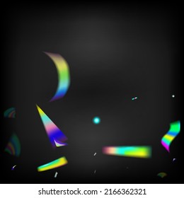Flying Hologram Confetti. Holo Glam Effect Rainbow Lights. Gold Transparent Falling Particles.  Gradient Overlay Glare Foil Tinsel. Rainbow Tinsel. Blue, Purple, Green Celebration Background.