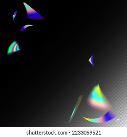 Flying Hologram Confetti. Holo Glitch Effect Rainbow Bokeh. Blue, Purple, Green Celebration Background.  Gradient Overlay Glare Foil Tinsel. Silver Transparent Falling Particles. Rainbow Tinsel.