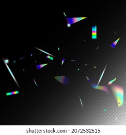 Flying Hologram Confetti. Rainbow Tinsel. Blue, Purple, Green Celebration Background.  Gradient Overlay Glare Foil Tinsel. Holo Glam Effect Rainbow Tinsel. Silver Transparent Falling Particles.