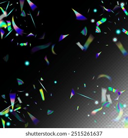 Flying Holograph Confetti. Blue, Purple, Green Celebration Background. Gold Transparent Falling Particles. Rainbow Tinsel.  Gradient Overlay Glare Foil Tinsel. Holo Glitch Effect Rainbow Tinsel.