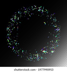 Flying Holograph Confetti.  Gradient Overlay Neon Foil Tinsel. Holo Glitch Effect Rainbow Lights. Silver Transparent Falling Particles. Rainbow Tinsel. Blue, Purple, Green Celebration Background.