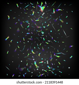 Flying Holograph Confetti. Holo Glam Effect Rainbow Tinsel. Rainbow Tinsel. Blue, Purple, Green Celebration Background. Gold Transparent Falling Particles.  Gradient Overlay Neon Foil Tinsel.
