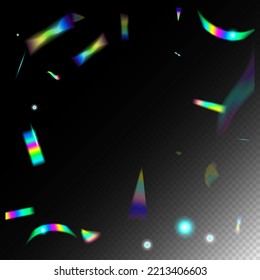 Flying Holograph Confetti. Silver Transparent Falling Particles.  Gradient Overlay Glare Foil Tinsel. Blue, Purple, Green Celebration Background. Rainbow Tinsel. Holo Glitch Effect Rainbow Bokeh.