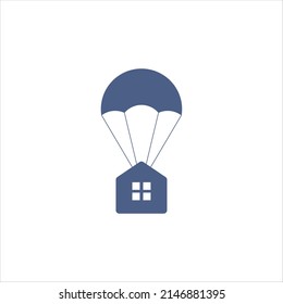 Flying Home Logo Design. Home Airdrop Icon Vector Illustration. Tiny House Flying On Parachute.