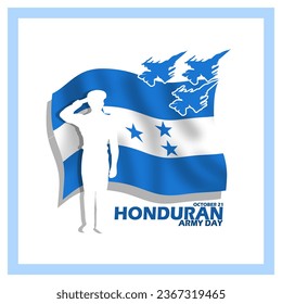 A flying Honduran flag with a soldier in a salute, three fighter planes and bold text on a white background to commemorate Honduran Army Day on October 21