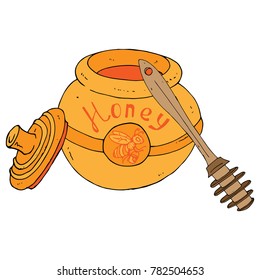 Flying honey bee. A bee with a bucket of honey. Hand drawn Striped insect. The inscription is Honey. Ceramic tableware. Bank with a lid. A barrel of honey with spoon.