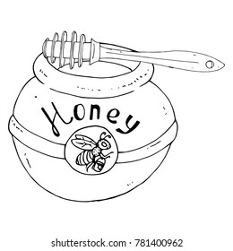 Flying honey bee. A bee with a bucket. Striped insect.The inscription is Honey. Ceramic tableware.Bank without lid.Hand drawn barrel of honey with spoon.The spoon lies on the jar.Vector illustration.