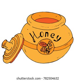 Flying honey bee. A bee with a bucket of honey. Striped insect. The inscription is Honey. Ceramic tableware.Hand drawn  Bank with a lid. A barrel of honey. Vector illustration.