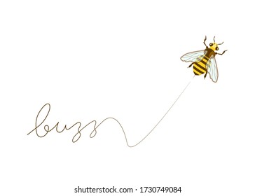 Flying honey bee leaves a mark - buzz. Funny animal cartoon character isolated on white. Flat Art Vector illustration