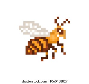 Flying honey bee, old school pixel art icon isolated on white background. Wildlife insect sign. Beekeeping logo. Eco honey farm emblem. 8 bit slot machine pictogram. Retro 80s; 90s video game graphics