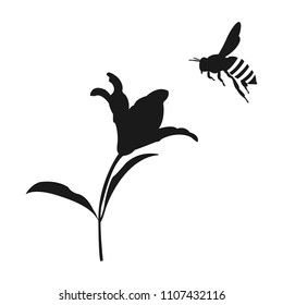 Flying Honey Bee Silhouette. Flower And Honey Bee. Vector Icon