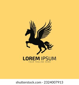 Flying horse logo, flying horse icon, vector design illustration colorful isolated black silhouette horse on yellow background.