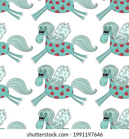 Flying horse pattern. Hand drawn cartoon Pegasus background. Cartoon flying hoorse print. Textile texture, fabridc. Fantasy animal backdrop. Cute pegasus pattern. Funny horse for children.