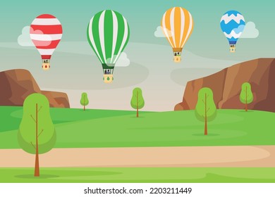 Flying hot air balloon above mountains 2d flat vector illustration concept for banner, website, illustration, landing page, flyer, etc.