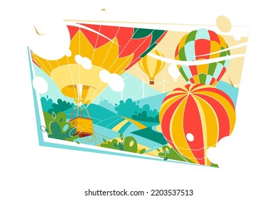 Flying hot air balloon above mountains, air balloon festival vector illustration. Romantic summer trip flat style. Vacation, journey concept