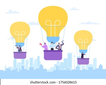 Flying hot air balloon, business idea, vector illustration. Innovation successful project, man woman people company employee. Character in cloud sky, city cartoon building background.