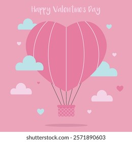 Flying hot air balloon. Cute Valentine's day card. Vector flat illustration