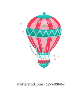 Flying hot air balloon decorated with colorful bunting flags. Amusement park. Entertainment theme. Flat vector icon