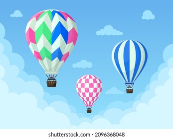 Flying hot air balloons, colorful aerostat soars in blue sky. Vintage hot air balloon, stripped sky transport vector background illustration. Retro flying hot airy sphere. Summer festival, competition