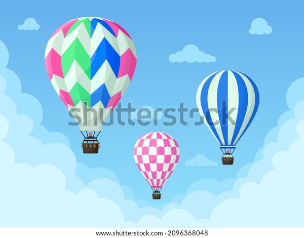 Flying hot air balloons, colorful aerostat\
soars in blue sky. Vintage hot air balloon, stripped sky transport\
vector background illustration. Retro flying hot airy sphere.\
Summer festival,\
competition