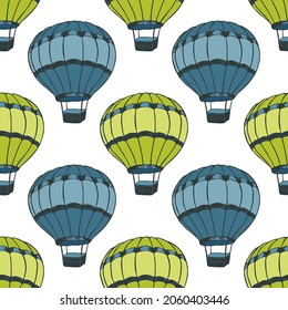 Flying hot air balloons  illustration vector seamless patter. Retro transportation aircraft vehicles. Summer sport objects. Hot air balloons carnival pattern. Doodle hotair baloons.