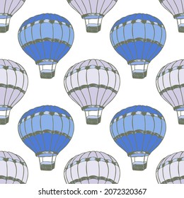 Flying hot air balloons  illustration vector seamless patter. Retro transportation airship vehicles. Summer leisure objects. Hot air balloons festival pattern. Sky flight objects.
