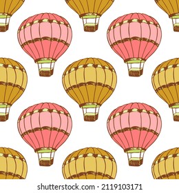 Flying hot air balloons  illustration vector seamless patter. Old transportation airship vehicles. Baby room wallpaper. Hot air balloons freedom symbols. Sky flotilla objects.