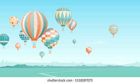 Flying hot air balloons in sky vector illustration. Floating aircrafts on horizon scenery. Aerial transportation. Balloons festival. Aerostat transport, airships on picturesque landscape.