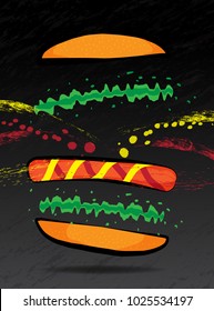 flying hot dog divide part with bun vegetable splashing souce mustard tomato chille and sausage ,cartoon style with border vector eps 10