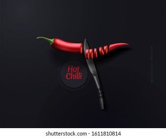 Flying hot red pepper sliced. Conceptual composition with chili red pepper and knife. Modern vector illustration top view.